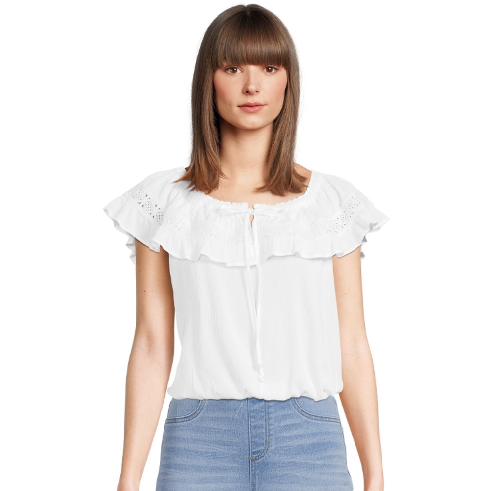 Juniors Ruffle Woven Top, Size L, White